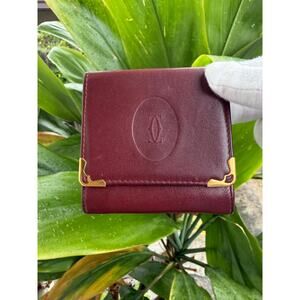 Cartier Must de Cartier Burgundy Leather Square Coin Purse Gold Corner Wallet
